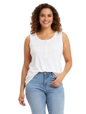 Denim & Co. White Sleeveless Cotton Spandex Button Top 1X Plus Size